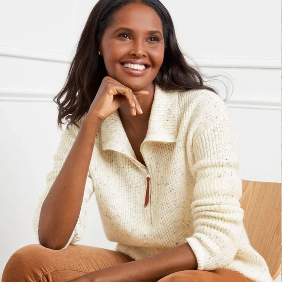 Talbots Half Zip Mockneck Pullover Speckled Off White Quarter Zip with Pocket - Picture 2 of 10